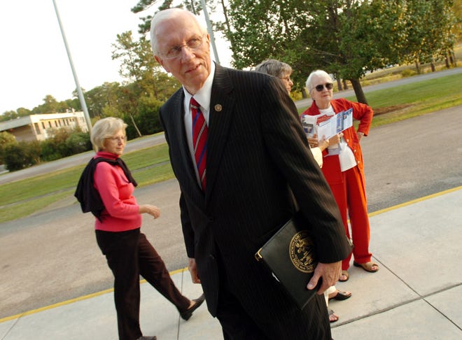 Senator R.C. Soles arrives at the Odell Williamson Auditorium on the campus of Brunswick Community College on Tuesday for a candidates forum sponsored by the Alliance of Brunswick County Property Owners Association.