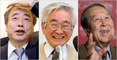 Makoto Kobayashi, left, and Toshihide Maskawa, both of Japan, and Yoichiro Nambu, of the University of Chicago’s Enrico Fermi Institute, received the Nobel Prize in Physics on Tuesday.