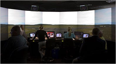 A simulator at the Federal Aviation Administration Academy in Oklahoma City guides students through aircraft departure and arrival sequences.