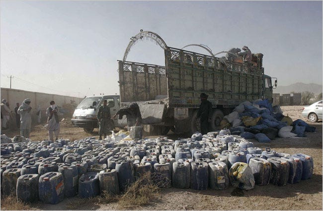 Afghan policemen operating in Kandahar Province on Wednesday discovered cans of acid that could be used to make explosives.