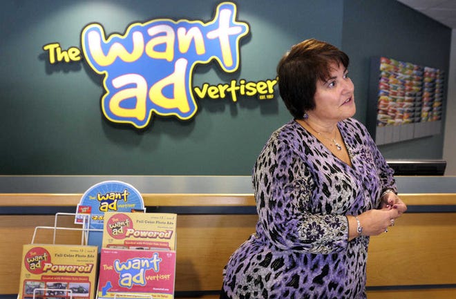 Maureen Letendre, vice president of WANT AD Publications, talks about the company’s decision to shut down operations during an interview yesterday at the company’s Hudson headquarters.