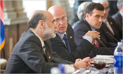 Ben S. Bernanke, left, the Federal Reserve chairman, and Henry M. Paulson Jr. met Friday in Washington with finance ministers.