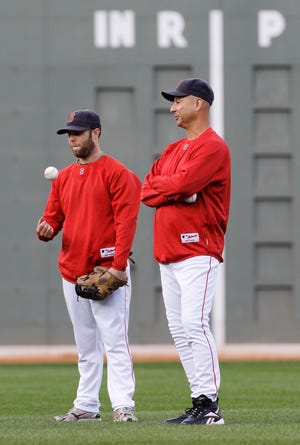 Red Sox second baseman Dustin Pedroia and manager Terry Francona chat in the outfield during the team's workout on Sunday at Fenway Park.