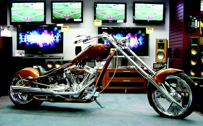 The custom built “Klipsch Chopper” will be on display at Rowe Photo, Video and Audio until Oct. 20. This unique motorcycle features a copper and black color scheme, horn and woofer assemblies, and a working iPod dock.