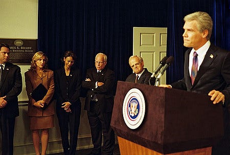George W. Bush (Josh Brolin, far right) with Karl Rove (Toby Jones, second from right), Dick Cheney (Richard Dreyfuss, third from right) and Condoleezza Rice (Thandie Newton, fourth from right)