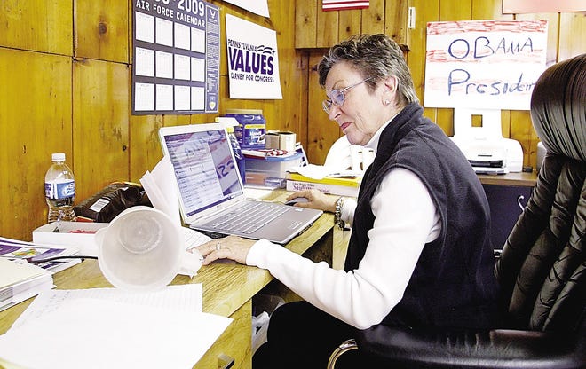 Pennsylvania is a crucial state for the presidential candidates. Diana Wiener of Montague, N.J., works on data entry for the Obama campaign at Pike County Democratic headquarters in Milford, Pa.