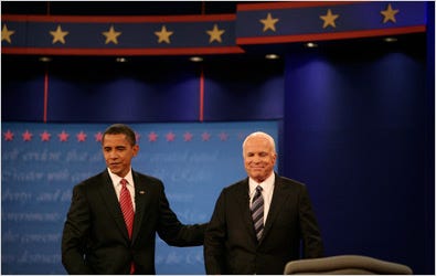 Barack Obama and John McCain during their final presidential debate at Hofstra University on Wednesday.