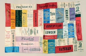 This pieced tapestry from the Stephenson County Historical Society is made up of relics from past local elections.