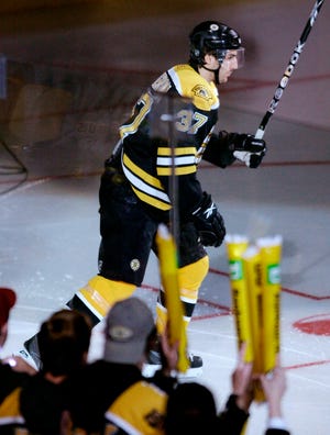 Fans cheer as Boston Bruins center Patrice Bergeron is introduced during the Bruins' home opener, against the Pittsburgh Penguins in an NHL hockey game in Boston, Monday, Oct. 20, 2008. Bergeron was sidelined for most last season after suffering a concussion in a game against Philadelphia in October. (AP Photo/Charles Krupa)