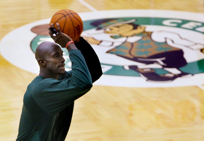 Boston Celtics' Kevin Garnett shoots during practice on Monday.