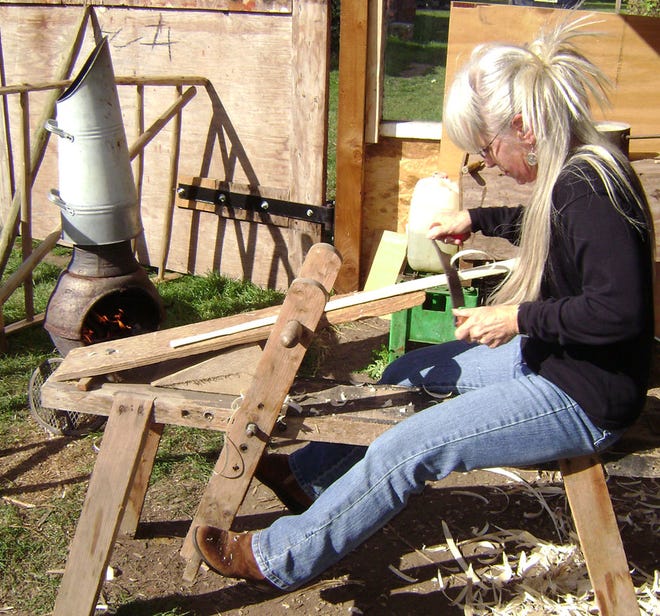 Veronica Ludlow will demonstrate basket making during the grand opening celebration for the Appalachian Heritage Exhibit. Here, she is on a shaving horse making slats for trugs, which are wide, footed, shallow open baskets made of wood. She traveled to England to work with a master trug maker.