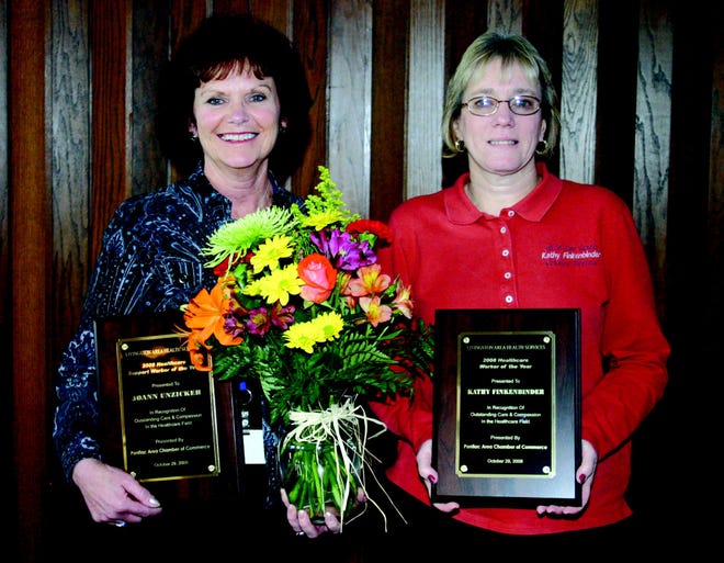 Joann Unzicker, left, was named the 2008 Livingston Area Health Care Services Support Worker of the Year and Kathy Finkenbinder was named the 2008 Livingston Area Health Care Worker of the Year during the annual Livingston Area Health Services Education Conference held Wednesday at the Pontiac Elks Lodge. The event was sponsored by the Pontiac Area Chamber of Commerce.