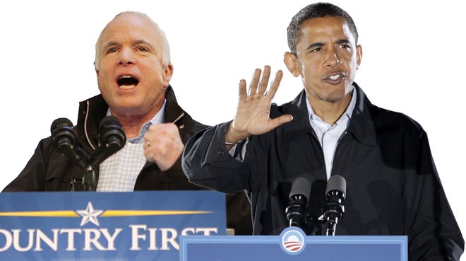 Sen. John McCain, R-Ariz., left, and Sen. Barack Obama, D-Ill., campaign on Sunday, in the closing days of the presidential election.