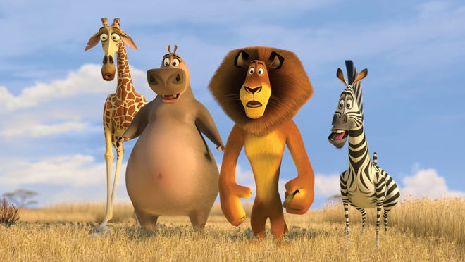 Melman the giraffe, voiced by David Schwimmer, left, Gloria the hippo, voiced by Jada Pinkett Smith, second left, Alex the lion, voiced by Ben Stiller and Marty the zebra voiced by Chris Rock, right, are shown in a scene from the DreamWorks production "Madagascar: Escape 2 Africa."