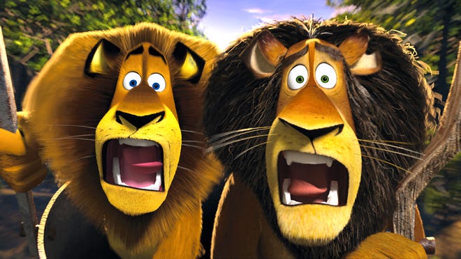 From left, Alex the lion, voiced by Ben Stiller, and his father, alpha lion Zuba, voiced by the late Bernie Mac, in "Madagascar: Escape 2 Africa."