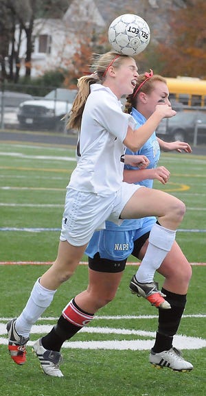 Westborough's Emily Van Dam heads the ball during yesterday's 3-0 win over Holy Name.