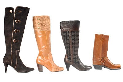 From left: Suede knee-high boots by Antonio Melani, 8 at Dillard's; floral-embossed knee-high boot by Colcci, 0 at Swank Boutique; diamond-patterned knee-high boot by Born, 9 at American Shoe Company; harness riding boot by Frye, 8 at Dryer's Shoe Store.