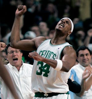 Boston Celtics' Paul Pierce celebrates after hitting the game-winning shot against Atlanta Wednesday, Nov. 12, 2008, in Boston. The Celtics won 103-102.