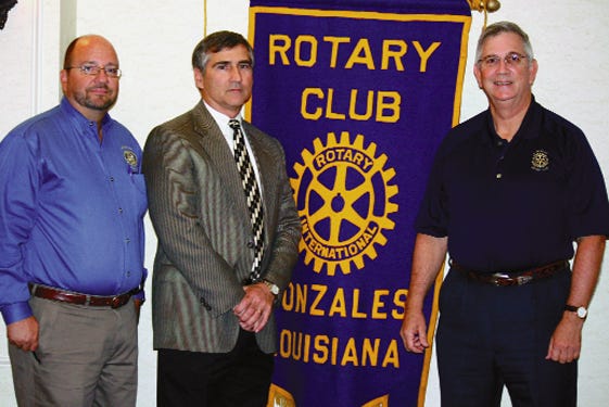 State Rep. Eddie Lambert of Gonzales was guest speaker at the recent Rotary Club of Gonzales meeting where he spoke about the insurance crisis in Louisiana. He was greeted by Rotarian Glynn LeBlanc and Club President Mark LaCour.