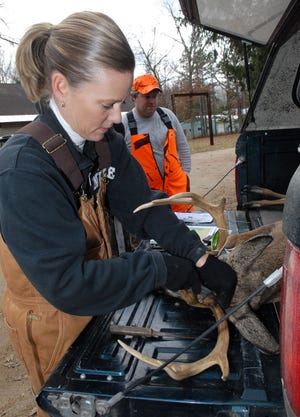 Dan Irving/The Holland Sentinel
DNR employee Cindy McQueer inspects a deer taken by Pete Dalman of Spring Lake on opening day of firearm deer season Saturday in the Allegan State Game Area.
(11/15/08)