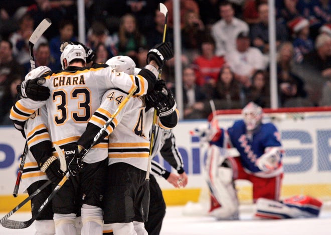 The Bruins celebrate after teammate Zdeno Chara (33) scored during the second period of a hockey game as New York Rangers goalie Henrik Lundqvist (right) looks on.
