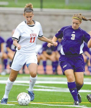 Senior Lynda Hicks, left, a Pleasant Valley graduate, has helped lead the ESU women’s soccer team into today’s second round NCAA playoff game.