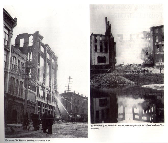 Above, the ruins of the Shannon Building collapsed onto the railroad tracks and into the Shetucket River after a devastating fire on Feb. 9, 1909. Left, a view of the building from Main Street.