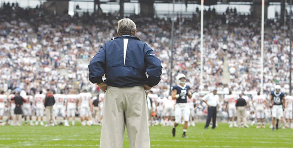 Penn State coach Joe Paterno surveys the field before the Lions’ game against Oregon State at Beaver Stadium in State College in September. Speculation is running high in the state that this Saturday’s home game against Michigan State will be Paterno’s last in Beaver Stadium.