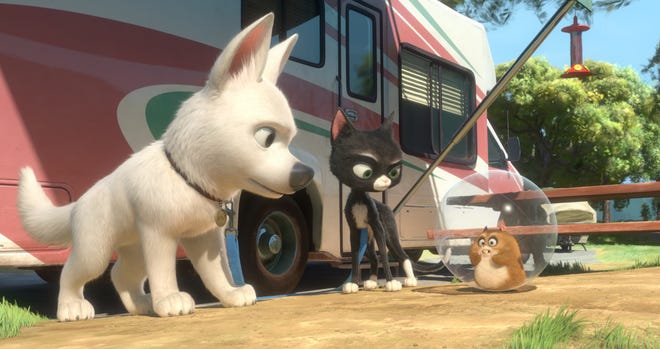 In this image released by Disney Enterprises, animated characters, from left, Bolt, Mittens and Rhino are shown in a scene from the film, "Bolt." (AP Photo/Disney) ** NO SALES **