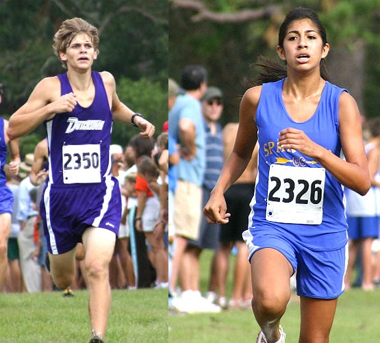 Dutchtown’s Jeff Boudreaux, left, and East Ascension’s Marissa Sanchez, right, were the first boy and girl to cross from the local contingent at the Division I state meet Tuesday afternoon. Boudreaux placed 14th in 16:10 and Sanchez finished 17th in 19:47.