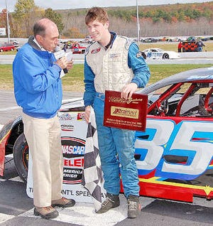 Derek Ramstrom, of West Boylston, is interviewed following a successful race at Thompson Speedway, in Connecticut during the summer. Ramstrom became the first 16-year-old to place first four times at the track.