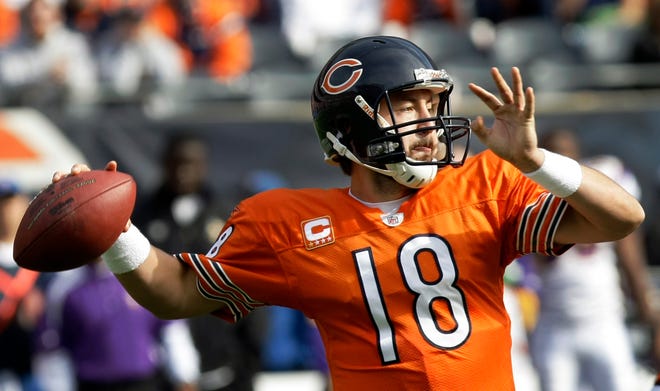 Chicago Bears quarterback Kyle Orton passes during the third quarter of an NFL football game against the Minnesota Vikings in Chicago, Sunday, Oct. 19, 2008. The Bears defeated the Vikings 48-41. (AP Photo/Charles Rex Arbogast)