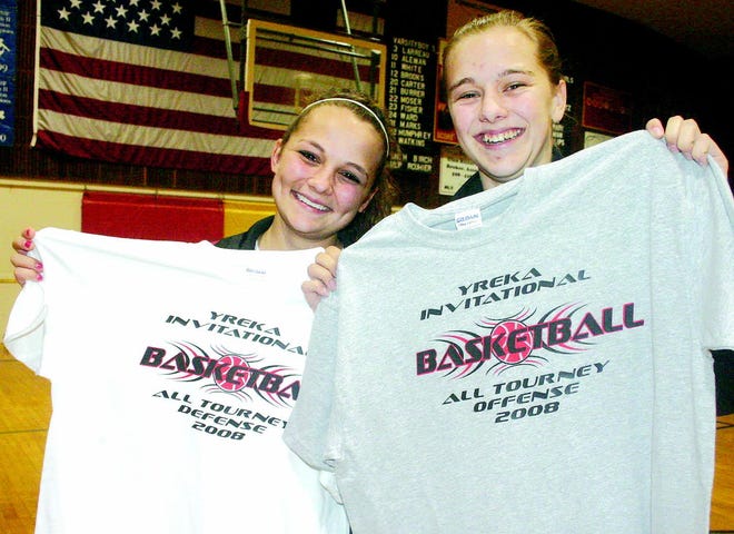 They’re All-Tourney: Adriana Scala, left, and Carrie Watson of Yreka, display their all-tournament shirts after Saturday’s action that saw Yreka place third overall in the girls bracket and Mazama taking the title.