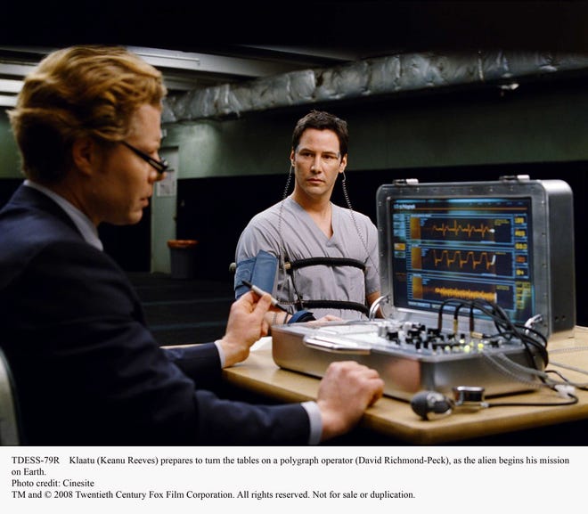 Klaatu (Keanu Reeves) prepares to turn the tables on a polygraph operator (David Richmond-Peck), in "The Day The Earth Stood Still."