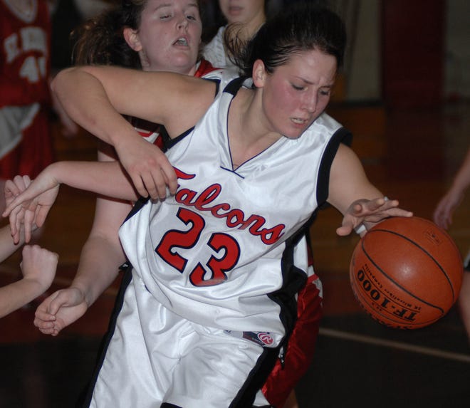 Fitch's Brittany Duclos and St. Bernard's Emma Stanloft battle for a loose ball late in the second half of the game. Darnell Isaacs / for The Norwich Bulletin