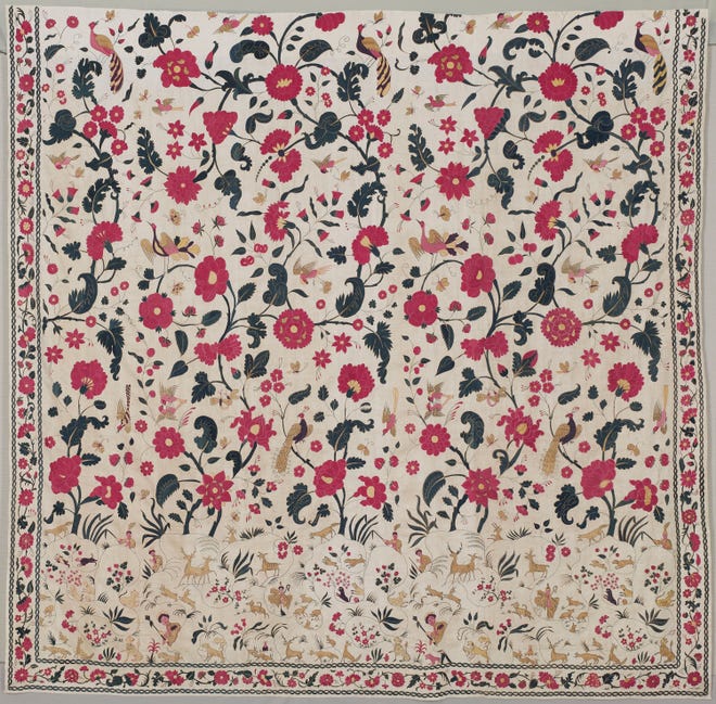 02.	Wide Curtain
	English, textile produced in India (Gujarat), late 17th century
	Cotton twill embroidered with silk
	*Museum of Fine Arts, Boston. Gift of Mr. Samuel Cabot.
	*Photograph c Museum of Fine Arts, Boston