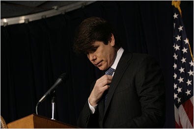 “I’m here to tell you right off the bat that I am not guilty of any criminal wrongdoing,” Gov. Rod R. Blagojevich told reporters Friday at his Chicago office, adding that “I intend to stay on the job.”