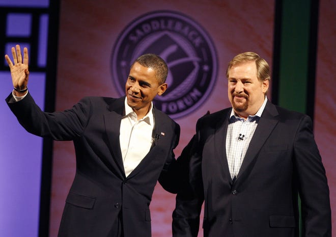 In this Aug. 16, 2008 file photo, then Democratic presidential candidate, Sen. Barack Obama, D-Ill., left, joins Pastor Rick Warren of Saddleback Church, for a discussion on moral issues.