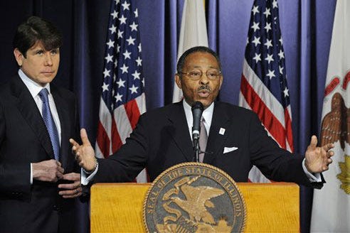 Gov. Rod Blagojevich, left, named former Illinois Attorney General Roland Burris as his choice to fill a vacant U.S. Senate seat Tuesday in Chicago.