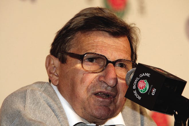 Penn State head coach Joe Paterno responds to questions during the Rose Bowl Media Day on Tuesday.