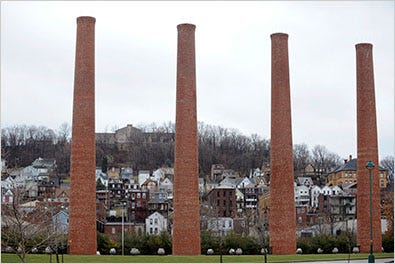 Smokestacks, now ornamental, mark the remains of the Homestead Works steel mill.