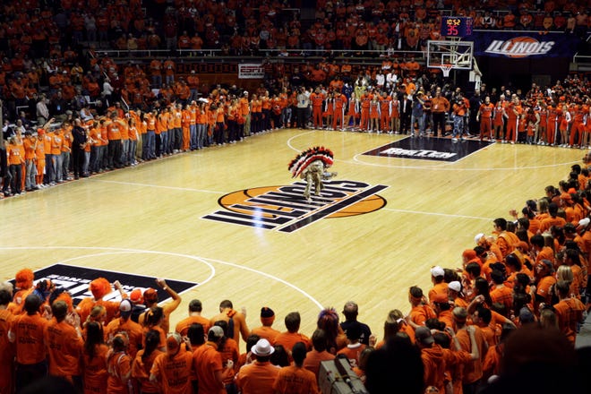 The University of Illinois has delayed its plans to replace or remodel Assembly Hall. This 2007 picture shows the Chief performing at halftime.