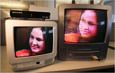 A TV set equipped with a digital converter box, left, displays a superior image to that of an analog TV. The government has run out of money for discount coupons to buy the $50 converters.