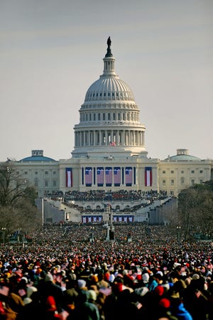 Millions of people pack into the National Mall for the inauguration of Barack Obama.