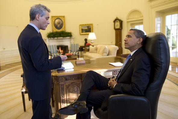 President Barack Obama with his Chief of Staff Rahm Emmanuel iin the Oval Office of the White House. The photo was released by the White House.