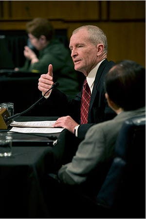 Dennis C. Blair, the retired admiral who is President Obama's choice as the nation's top intelligence official, at his confirmation hearing before the Senate Intelligence Committee on Thursday.