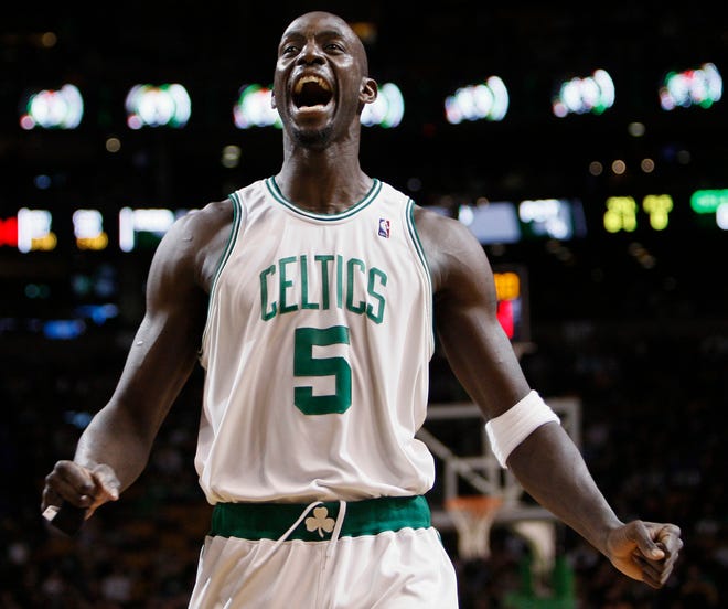 Kevin Garnett yells out before the tip-off of the Celtics' 124-100 victory over the Dallas Mavericks on Sunday at the Garden.