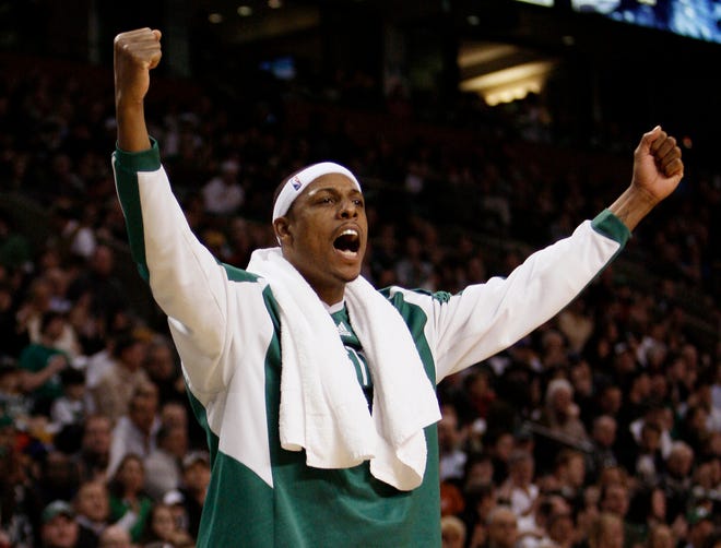 Paul Pierce celebrates a basket during the Celtics' 124-100 victory over the Dallas Mavericks on Sunday at the Garden.