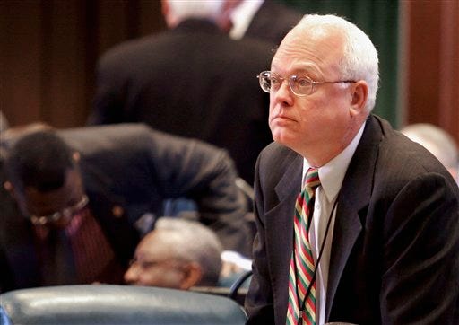 In this Jan. 25, 2006 file photo Illinois Rep. Kurt M. Granberg, D-Centralia, is seen during session at the Illinois State Capitol in Springfield. Granberg, who was appointed Jan. 16, 2009, as the state's conservation chief, a week after Gov. Rod Blagojevich was impeached, started work Thursday, Jan. 22, 2009, as director of the Illinois Department of Natural Resources, a move that will likely boost his eventual retirement pension by $40,000 a year. (AP Photo/Seth Perlman, File)