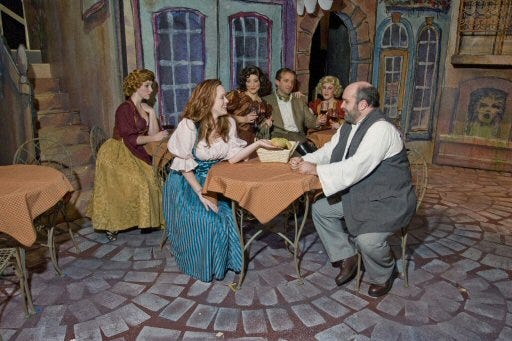(L-R Back) Sheila Steis as Simone, Abby McBee as Nicole, Patrick J. Stanley as The le Marquis, and Abby McBee as Nicole. (L-R Front) Dani Moreno-Fuentes as Genevieve and Thomas Mothershed as Castagnet.